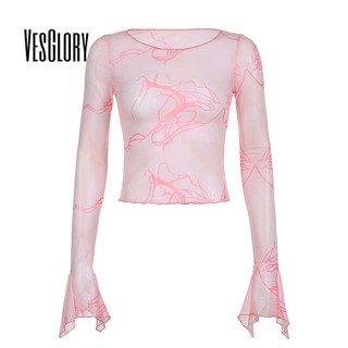 Áo Thun Crop Top Cổ Tròn Tay Dài Loe In Họa Tiết 2023 Cho Nữ