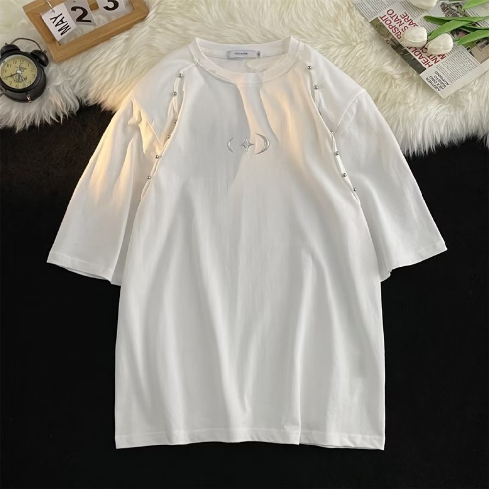 Akiyama Style / Niche Áo Thun Nam Tay Ngắn Đính Đinh Tán Kim Loại Cao Cấp Thời Trang Mùa Hè