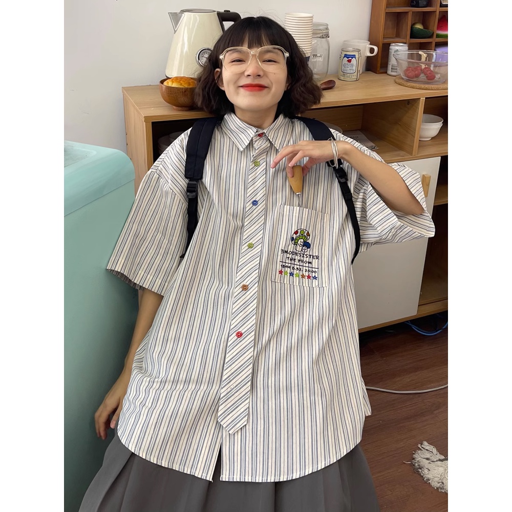 Áo Sơ Mi Tay Ngắn Kẻ Sọc In Hoạt Hình Thời Trang Mùa Hè 2023 Cho Nữ