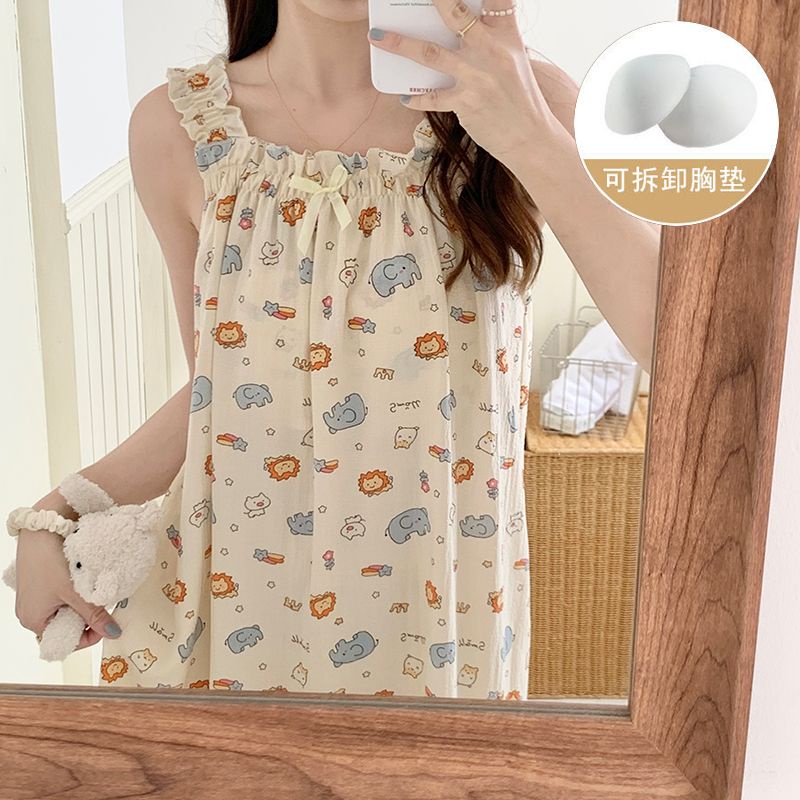 Bộ Đồ Ngủ Cotton Mỏng Màu Trơn Phong Cách Công Chúa Mùa Hè Hàn Quốc