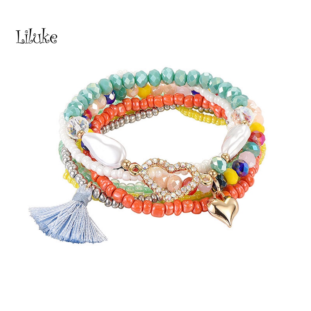 Vòng Tay Hợp Kim Xỏ Hạt Nhiều Lớp Màu Trơn Phong Cách Bohemian