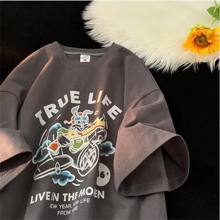 Áo Thun Tay Ngắn Cổ Tròn In Hình Thỏ Hoạt Hình Phong Cách Hip Hop Đường Phố Mỹ Cỡ Lớn M-5XL Thời Trang Mùa Hè Cho Nam