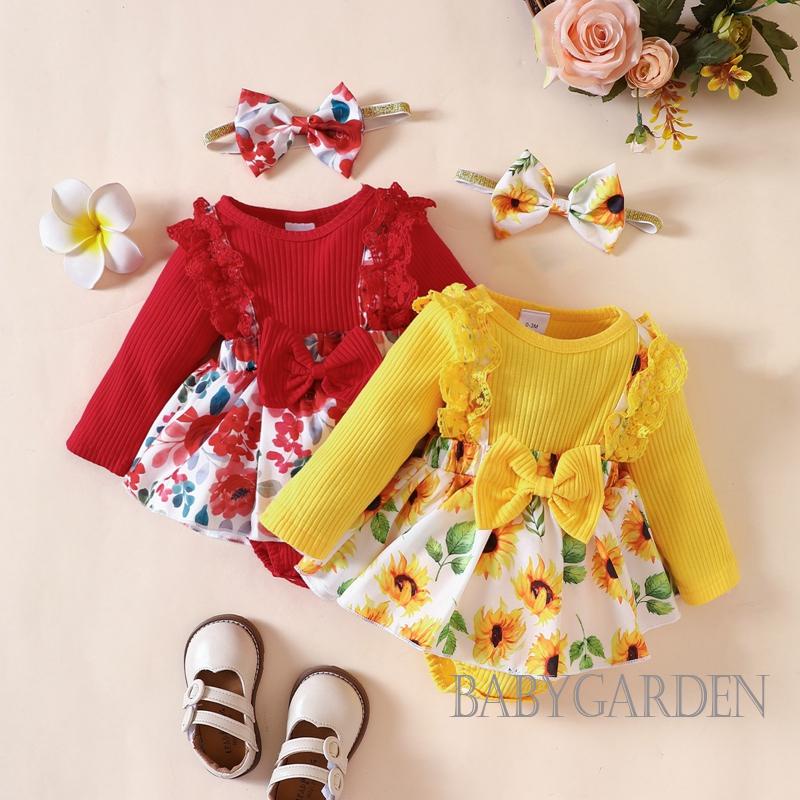 Set Áo Liền Quần &amp; Băng Đô Quấn Đầu In Hoa Cho Bé Gái 0-12 Tháng Tuổi