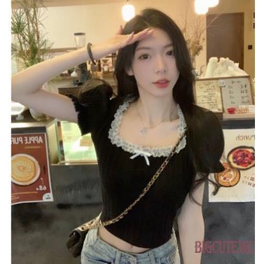 Áo Croptop Cổ Vuông Tay Ngắn Phồng Phối Ren Thời Trang Mùa Hè Phong Cách Hàn Quốc Cho Nữ