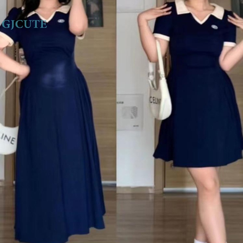 Đầm Mini Cổ Bẻ Tay Ngắn Màu Tương Phản Thời Trang Mùa Hè Cho Nữ