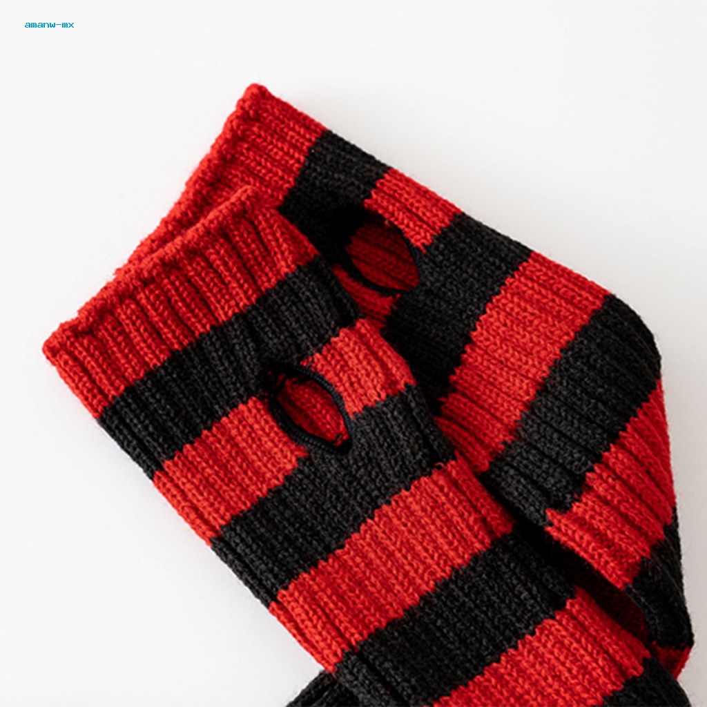 Găng Tay Dệt Kim Hở Ngón Co Giãn Họa Tiết Kẻ Sọc Đen Đỏ Hóa Trang Halloween Cho Nữ