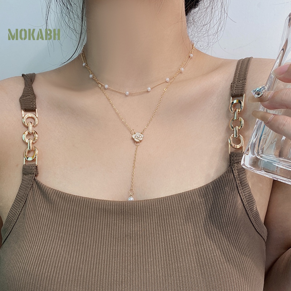 [Mok] Vòng cổ Hai Lớp Mạ Điện Mặt Hình Bông Hoa Đính Ngọc Trai Nhân Tạo Có Thể Điều Chỉnh Kích Thước