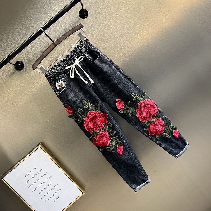 Quần Jean Nữ Lưng Thun Thêu Hoa Hồng Xinh Xắn
