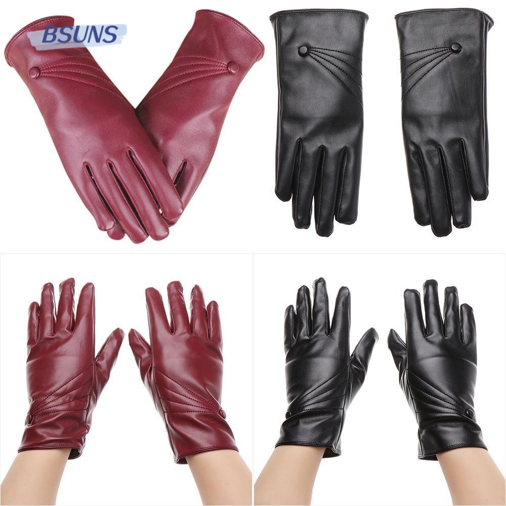 BSUNS Găng Tay Da PU Phối Nhung Dày Dặn Chống Gió Thời Trang Mùa Đông Ấm Áp