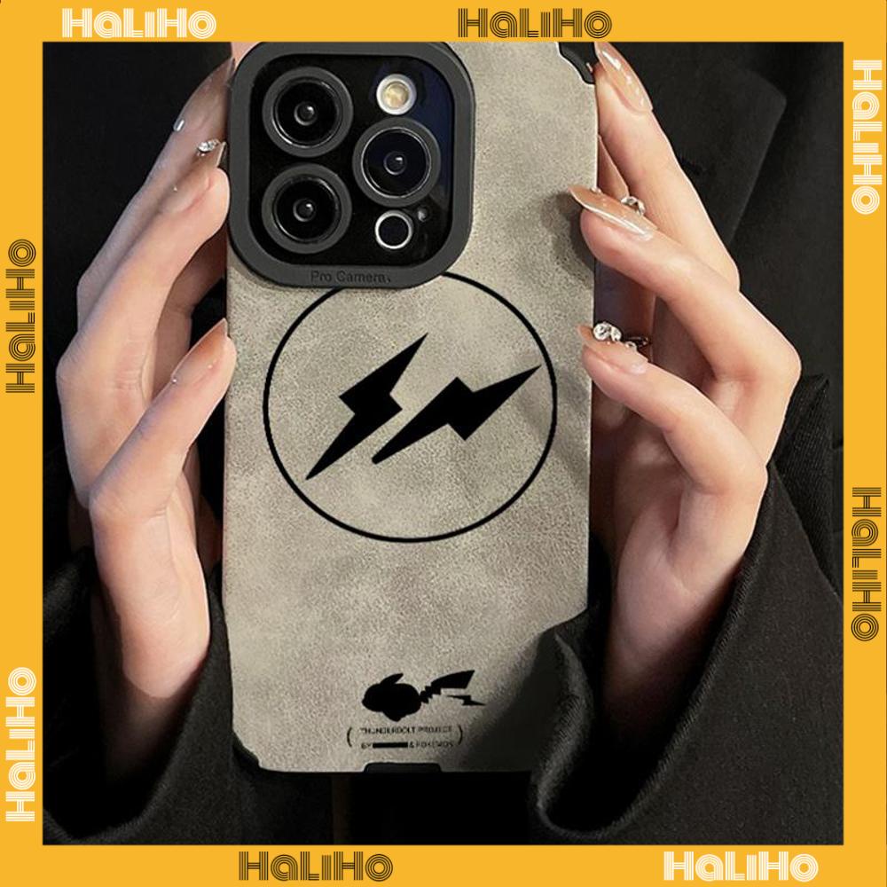 Ốp lưng iPhone 11 Ốp Lưng Da Veneer Màu Xám Vỏ Học Trò Lông Mềm Ốp Chống Sốc Đơn Giản Hoạt Hình Tia Chớp Tương thích với iPhone 14 Pro max 13 Pro max 12 Pro Max XR XS 7Plus 8Plus