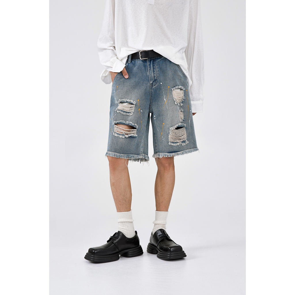Quần Short Denim Màu Đen Dáng Suông Rách Cá Tính Thiết Kế 5 Điểm Thời Trang Hè Phong Cách Hàn Quốc Cho Nam Và Nữ