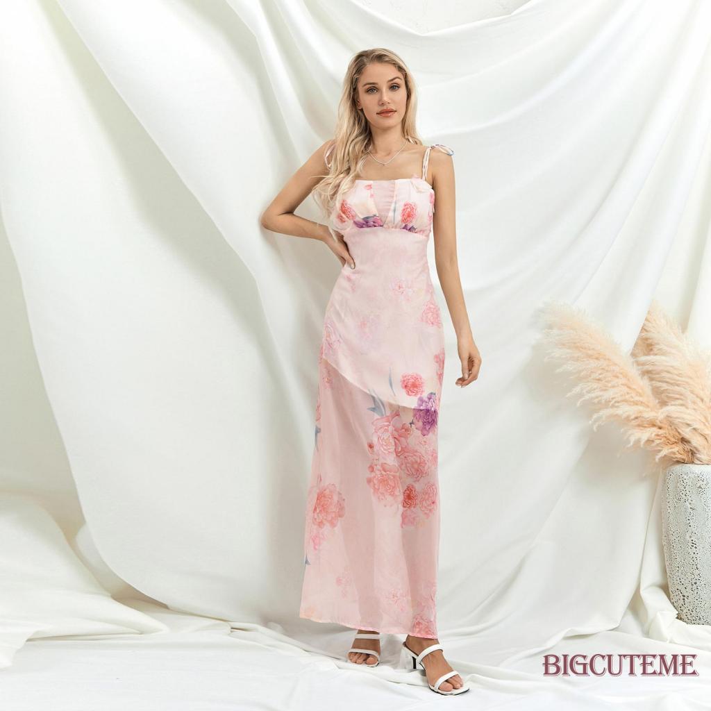 [] - Đầm Hai Dây Dáng Dài Không Tay Buộc Dây Hở Lưng In Hoa Mùa Hè Màu Hồng Cho Nữ Đi Tiệc Cocktail