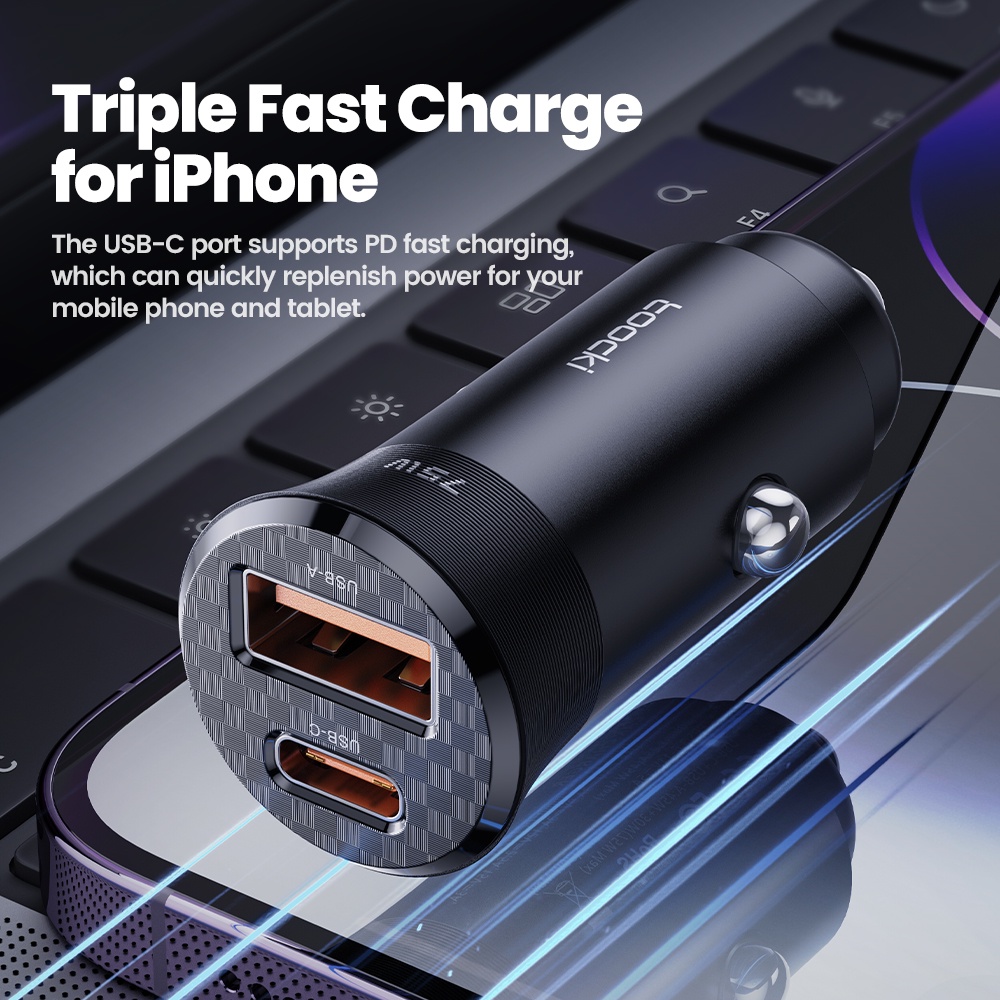 Tẩu Sạc Điện Thoại Nhanh 75W PD Hai Cổng USB Type C Bằng Hợp Kim Nhôm Cho Xe Hơi