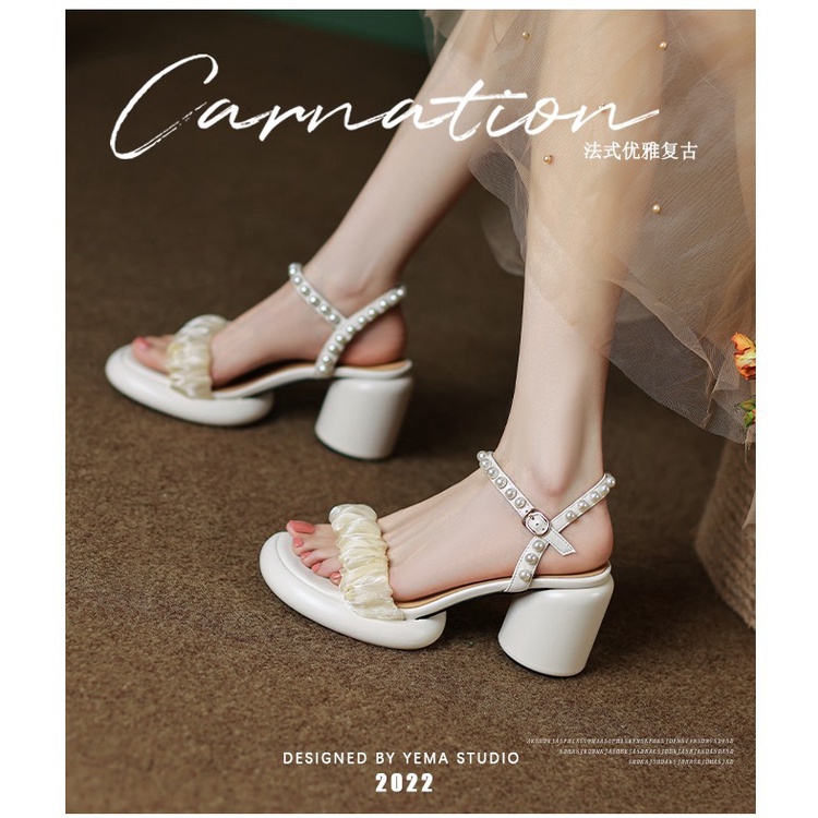 Duoya Tóc Thẳng ~ [Hàng Có Sẵn] Giày Sandal Cao Gót Hở Ngón Đế Dày Quai Da Mềm Đính Hạt Ruy Băng Phiên Bản Hàn Quốc Cho Nữ Miễn Phí Vận Chuyển