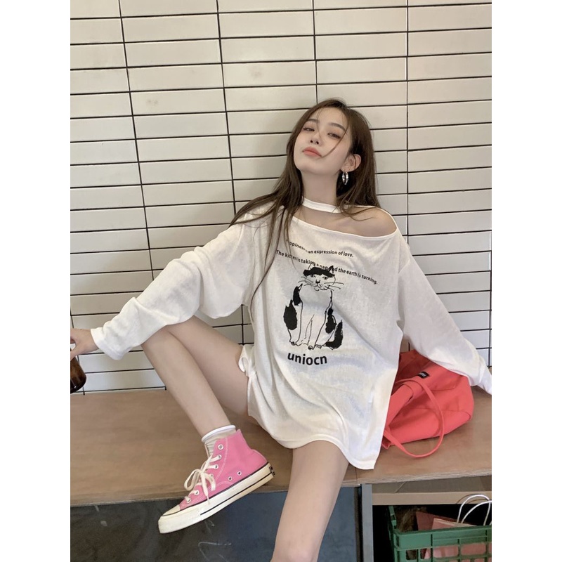 Áo Thun Tay Dài Dáng Rộng Trễ Vai In Họa Tiết Thời Trang Mùa Hè Mới Trẻ Trung Cho Nữ