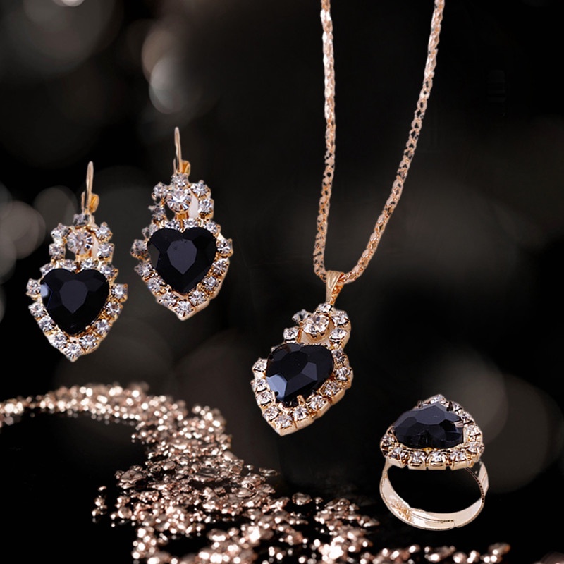 Ygt Set Vòng cổ Nhẫn Bông Tai Hình Trái Tim Đính Đá Pha Lê Thời Trang Cho Nữ