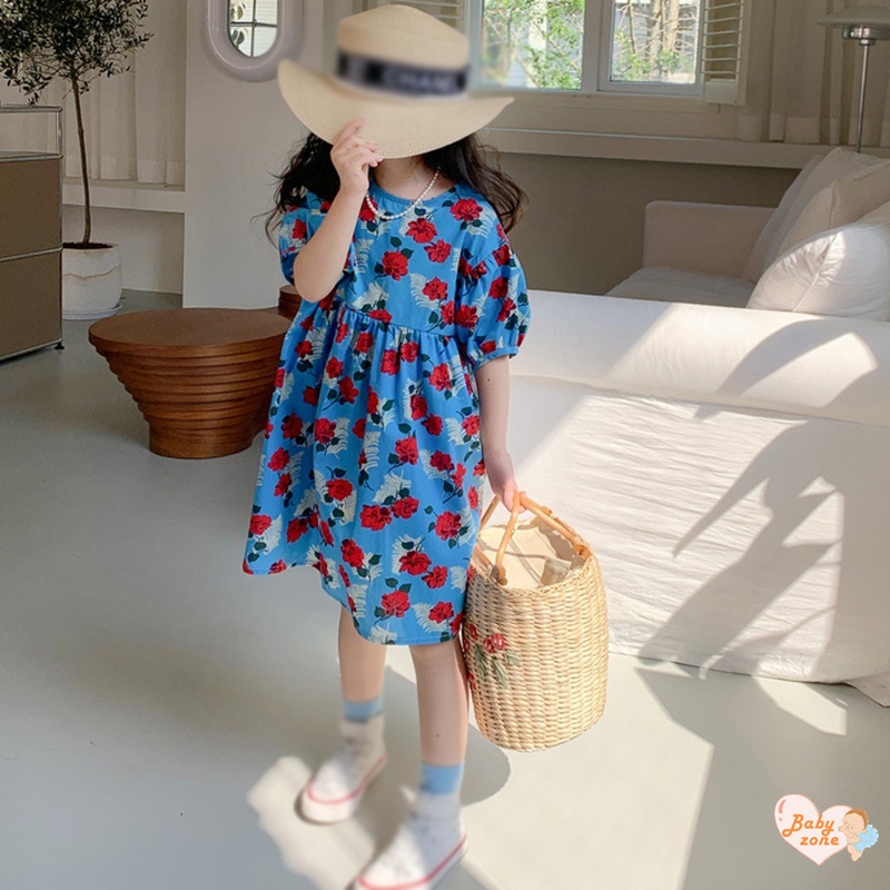 Korean Summer Girls' Round Neck Bubble Sleeves Flower Print Dress Children Baby Girl Fashionable Sweet Princess Dress