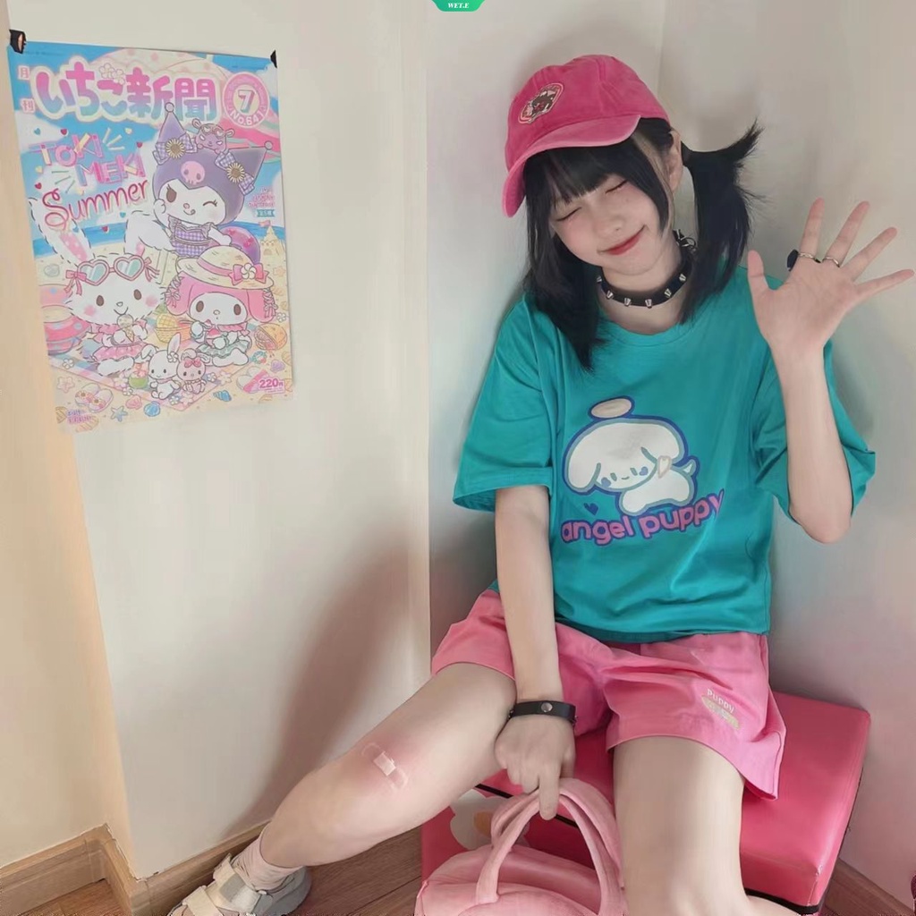 2023 mùa hè mới ngọt ngào đơn giản ngắn tay áo T-shirt nữ sinh dễ thương mềm mại cô gái Y2k giản dị quần lót lỏng lẻo đa chức năng đầu nữ