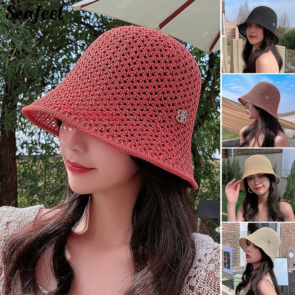 Nón Bucket Dệt Kim Khoét Rỗng Chống Tia UV Trang Trí Cho Nữ