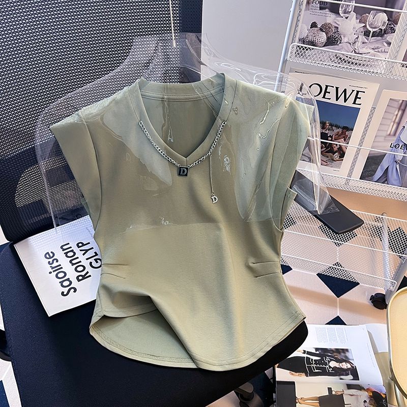 Áo Thun Cotton Tay Ngắn Phối Dây Xích Thời Trang Mùa Hè 2023 Dành Cho Nữ