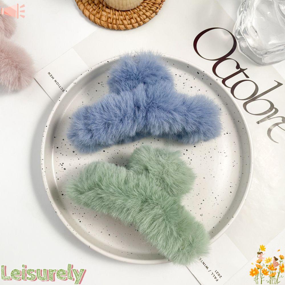 LEILY Kẹp Tóc Càng Cua Đính Lông Giả Màu Sắc Tinh Khiết