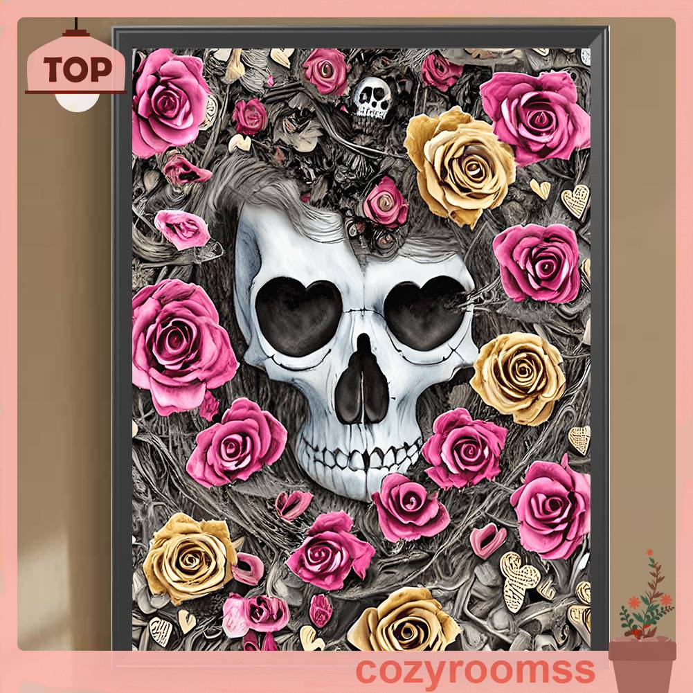 Bộ Tranh Đính Đá 5D Họa Tiết Đầu Lâu Hoa Hồng Độc Đáo DIY Dùng Trang Trí Nhà Cửa