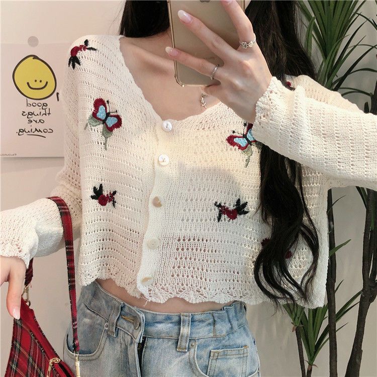 Áo Khoác Cardigan Dệt Kim Mỏng Dáng Rộng Tay Dài Thêu Hình Bướm Dễ Thương Cho Nữ