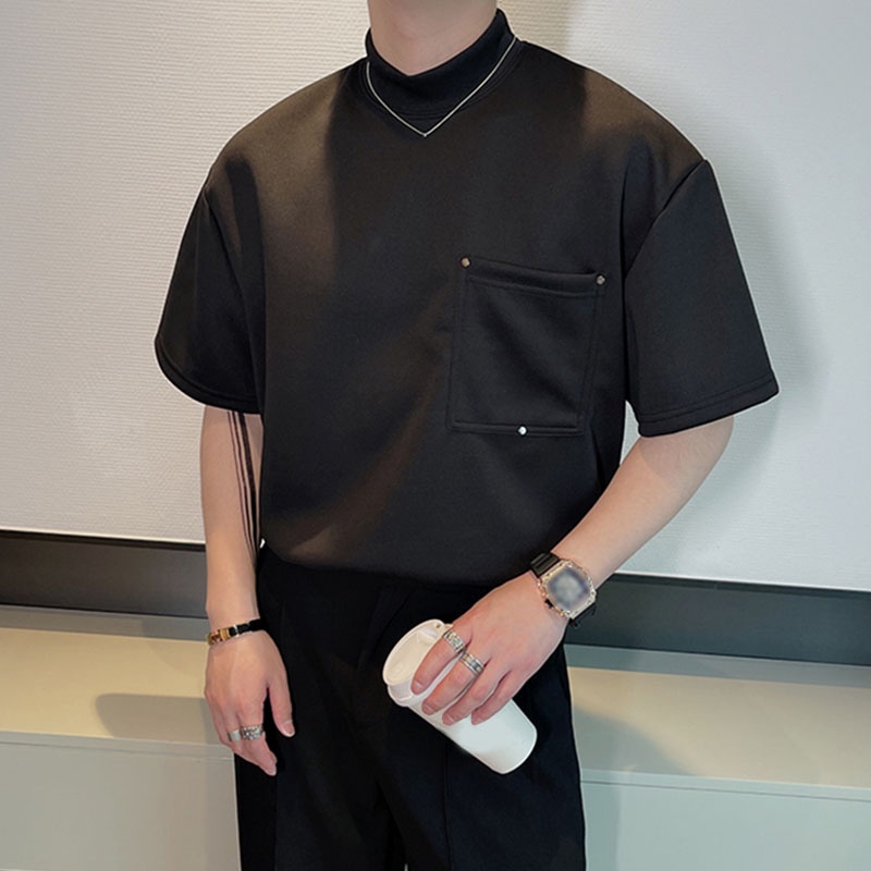 INCERUN Áo Thun Tay Ngắn Cổ Cao Màu Trơn Phối Túi Cá Tính