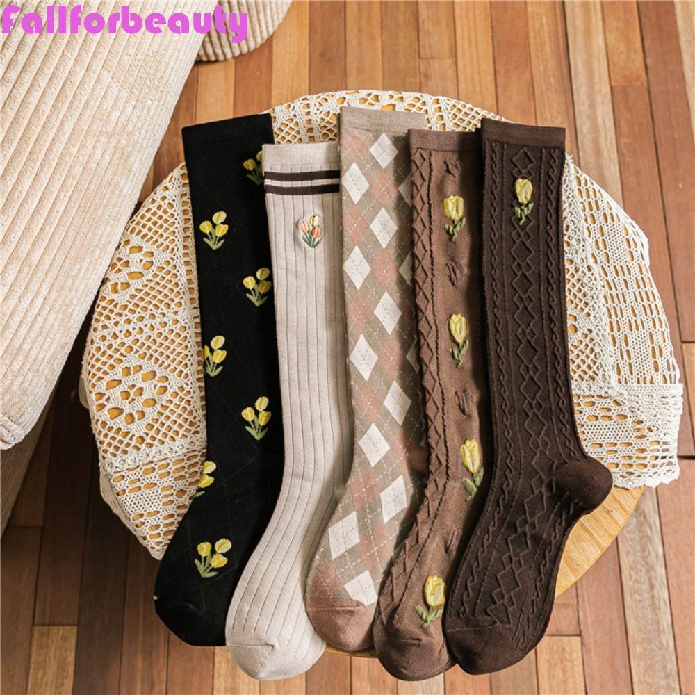 FALLFORBEAUTY Vớ Dài Không Đường May Thoáng Khí Họa Tiết Hoa Tulip Dễ Thương Thời Trang Cho Nữ