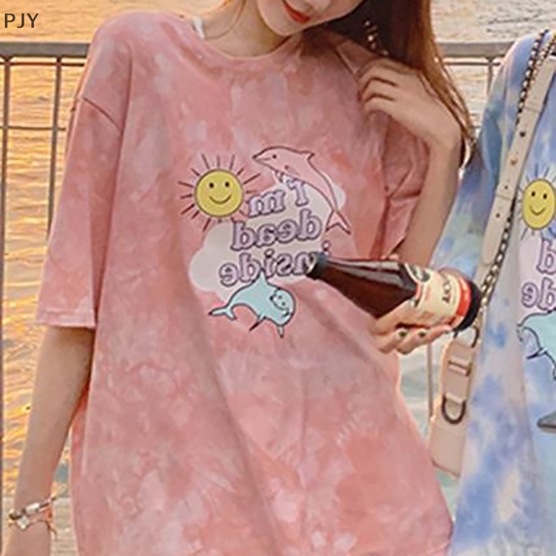 Áo Thun Ngắn Tay Cổ Tròn Dáng Rộng In Màu Nhuộm Ngọt Ngào Thời Trang Mùa Hè Cho Nữ PJ