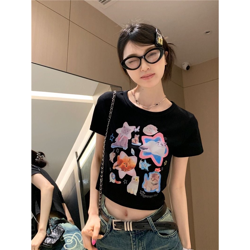 Áo Baby Tee Thun Croptop Nữ Tay Ngắn Hở Vai Dáng Ôm In Hình Mèo Thời Trang Mùa Hè Hàng Mới Dành Cho Bạn Nữ