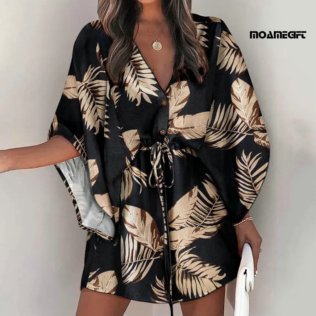 Đầm Tay Bay Cổ Chữ V In Họa Tiết Hình Học Dây Rút Thời Trang Mùa Hè