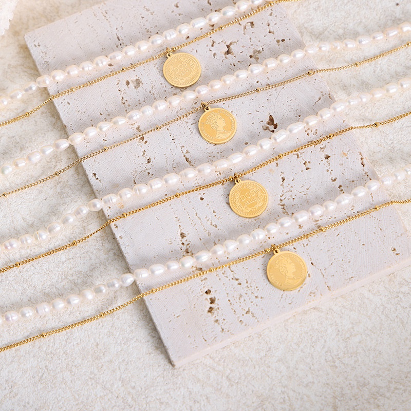 Vòng cổ Hai Lớp Bằng Thép Titan Mạ Vàng Đính Ngọc Trai Sang Trọng Cho Nữ