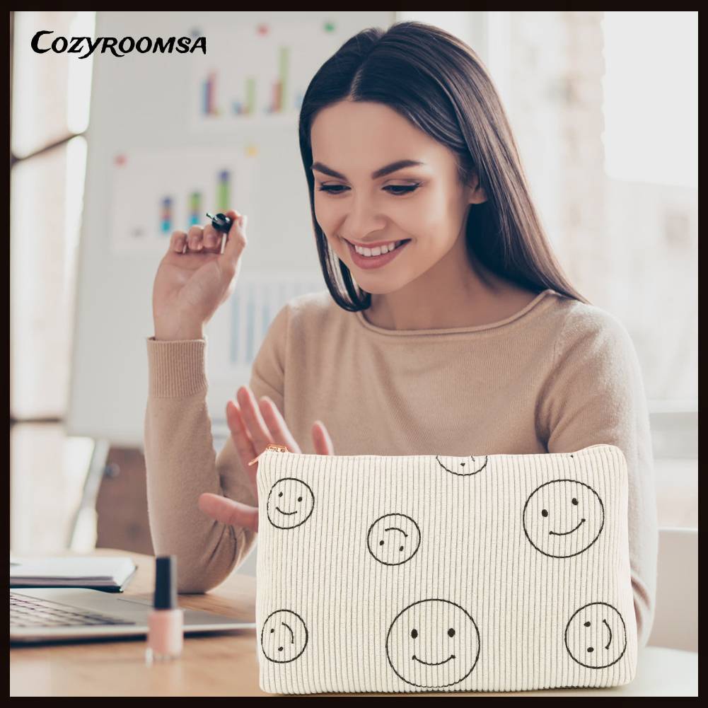 Túi Đựng Mỹ Phẩm Hai Mặt Bằng Vải Nhung Kẻ Dễ Thương Xinh Xắn