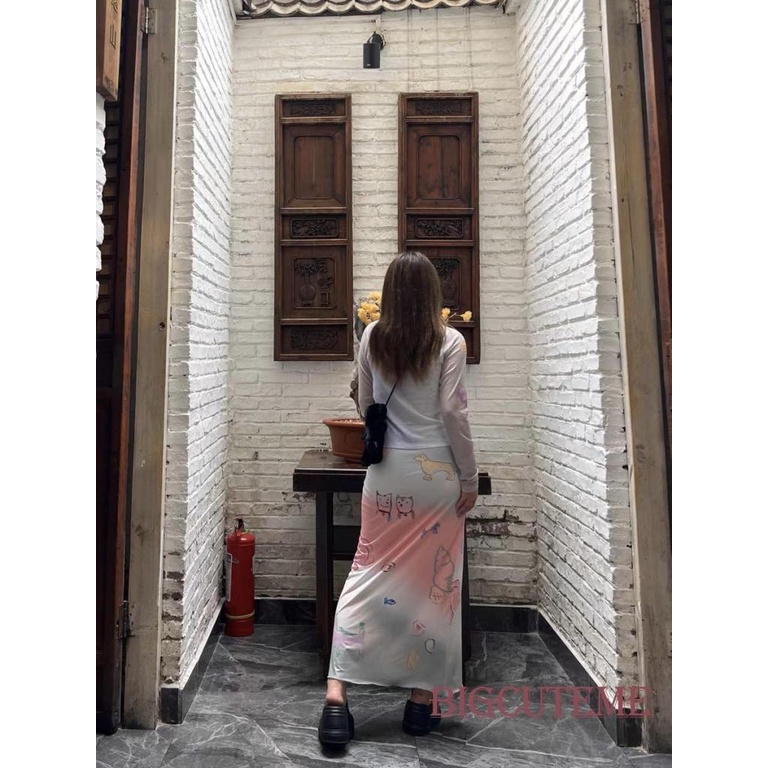 Chân Váy Dài Co Giãn In Họa Tiết Cún Màu Hồng Gradient Thời Trang Mùa Hè Dành Cho Nữ