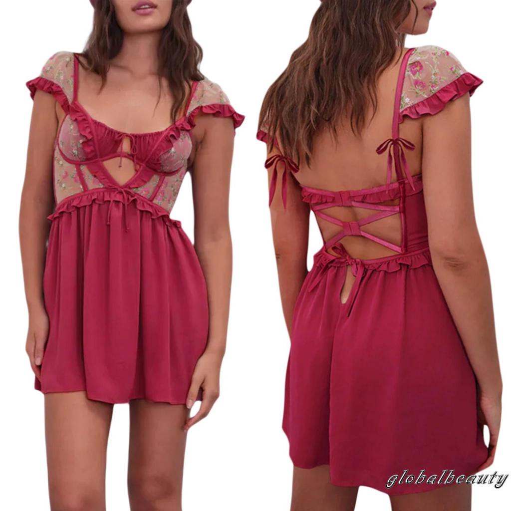 Đầm Tay Ngắn Hở Lưng Phối Lưới Họa Tiết Hoa Thời Trang Đường Phố Cho Nữ