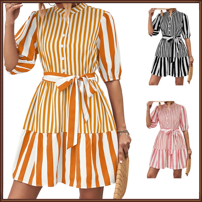 Đầm Midi Dáng Chữ A Tay Lửng Họa Tiết Kẻ Sọc Màu Nhuộm Phối Thắt Lưng Cài Nút Phía Trước Cho Nữ