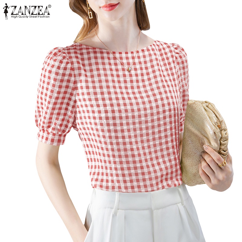 Zanzea Áo Sơ Mi Tay Ngắn Cổ Chữ O Họa Tiết Caro Phong Cách Bohemian Thời Trang Cho Nữ