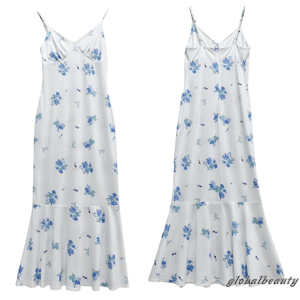 Đầm Dài Không Tay Cổ Chữ V Hở Lưng Họa Tiết Hoa Thời Trang Mùa Hè Cho Nữ