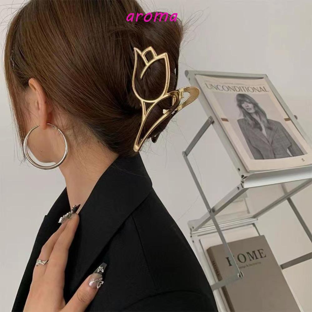 AROMA Kẹp Tóc Kim Loại Hình Hoa Tulip / Cá Mập Phong Cách Hàn Quốc Đơn Giản Thời Trang Cho Nữ