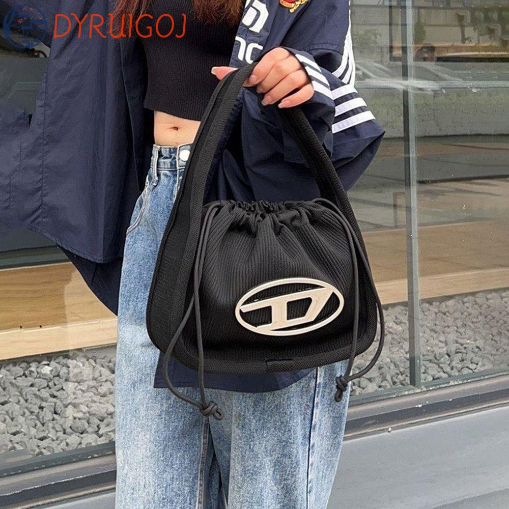 DYRUIDOJ Túi Đeo Vai Canvas Dây Rút Y2K In Chữ D Kim Loại Thời Trang Cho Nữ