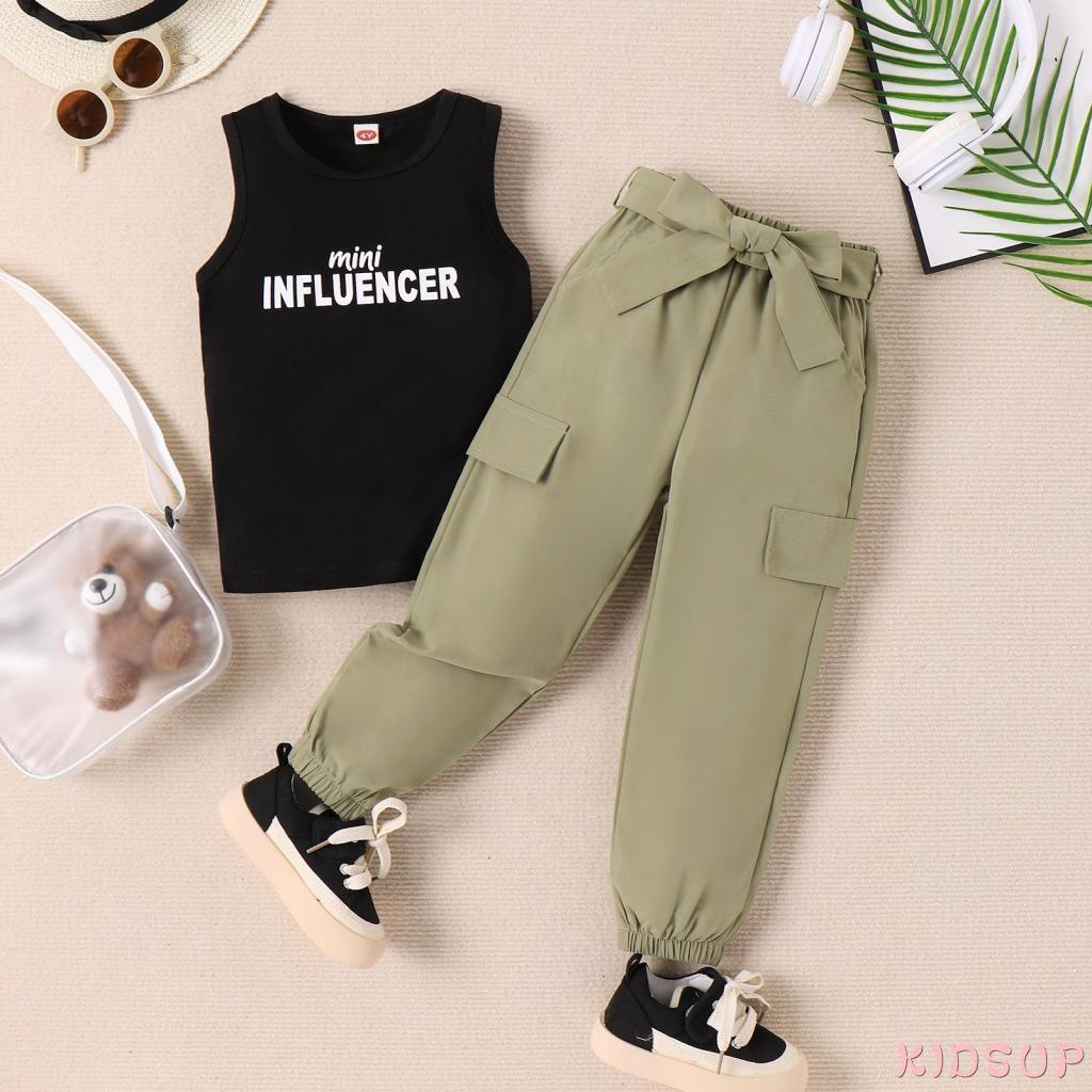 Set Đồ Mùa Hè 2 Món Gồm Áo Ba Lỗ Cổ Tròn In Chữ + Quần In Họa Tiết Kèm Thắt Lưng Cho Bé Trai / Gái