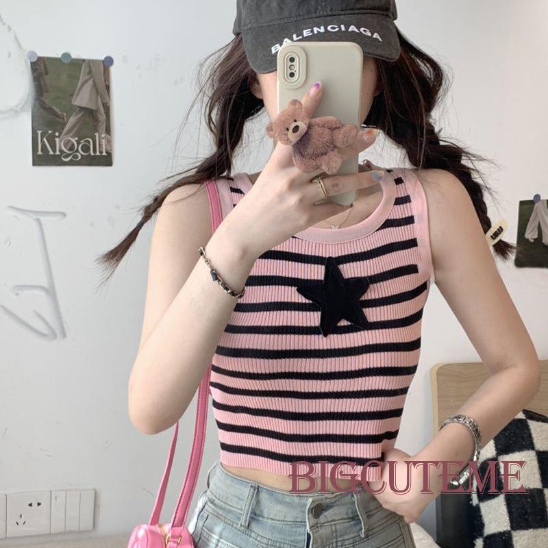 [] Áo Tank Top Không Tay Cổ Tròn Họa Tiết Kẻ Sọc Ngôi Sao Ôm Dáng Phong Cách Đường Phố Mùa Hè Cho