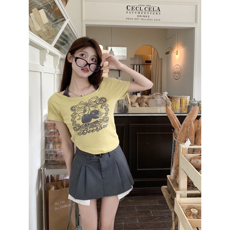 Áo Thun Ngắn Tay Giả Hai Lớp Màu Sắc Tương Phản Phong Cách Retro Mỹ Cho Nữ