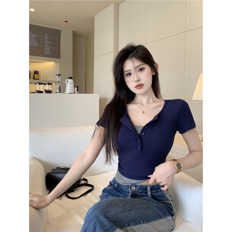 Áo Thun Ngắn Tay Giả Hai Lớp Phong Cách Retro Nữ Tính