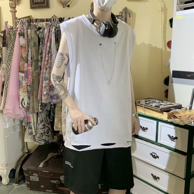 Áo Thun Sát Nách Dáng Rộng Vải Cotton Phối Rách Kiểu Đường Phố Thời Trang Mùa Hè Cho Nam