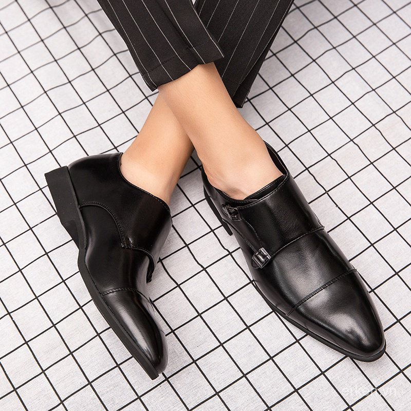 Size 38-48 Men's Formal Microfiber Leather Slip On Shoes Business Pointed Toe Monk Strap Shoes Black IOXT