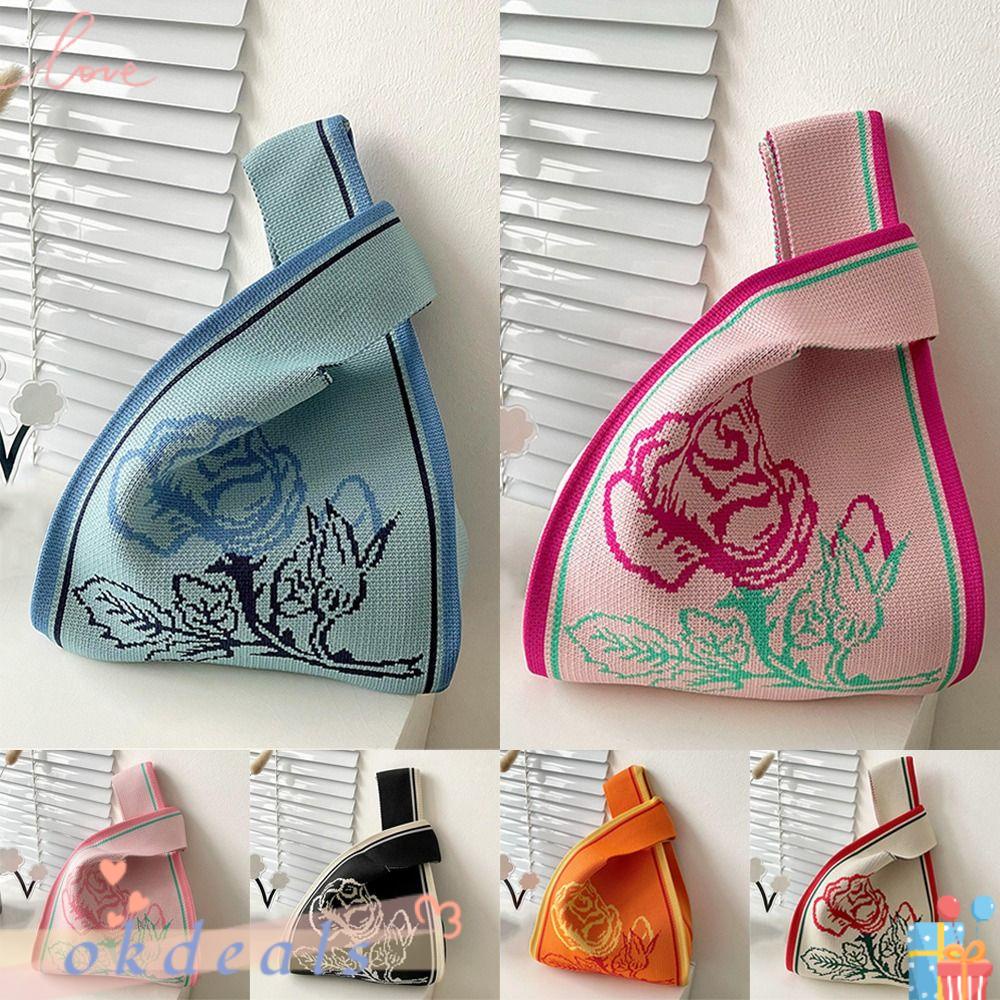 OKDEALS Túi Xách Đan Len Họa Tiết Hoa Thắt Nút Xinh Xắn