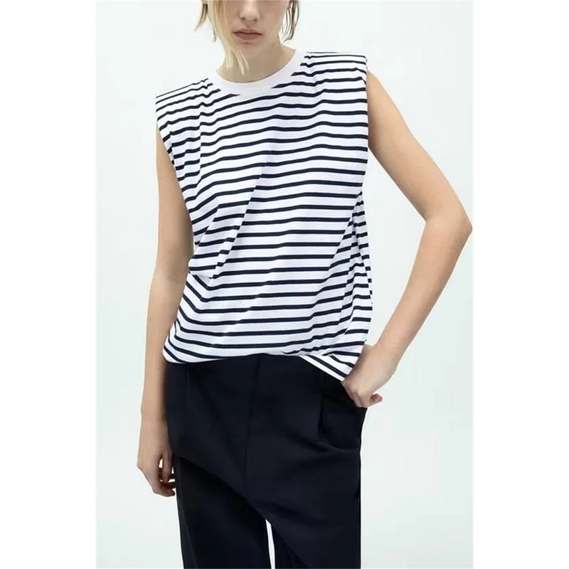 Zara Áo Thun Cotton Sát Nách Cổ Tròn Có Đệm Vai Trang Trí Thời Trang Cho Nữ 0858034
