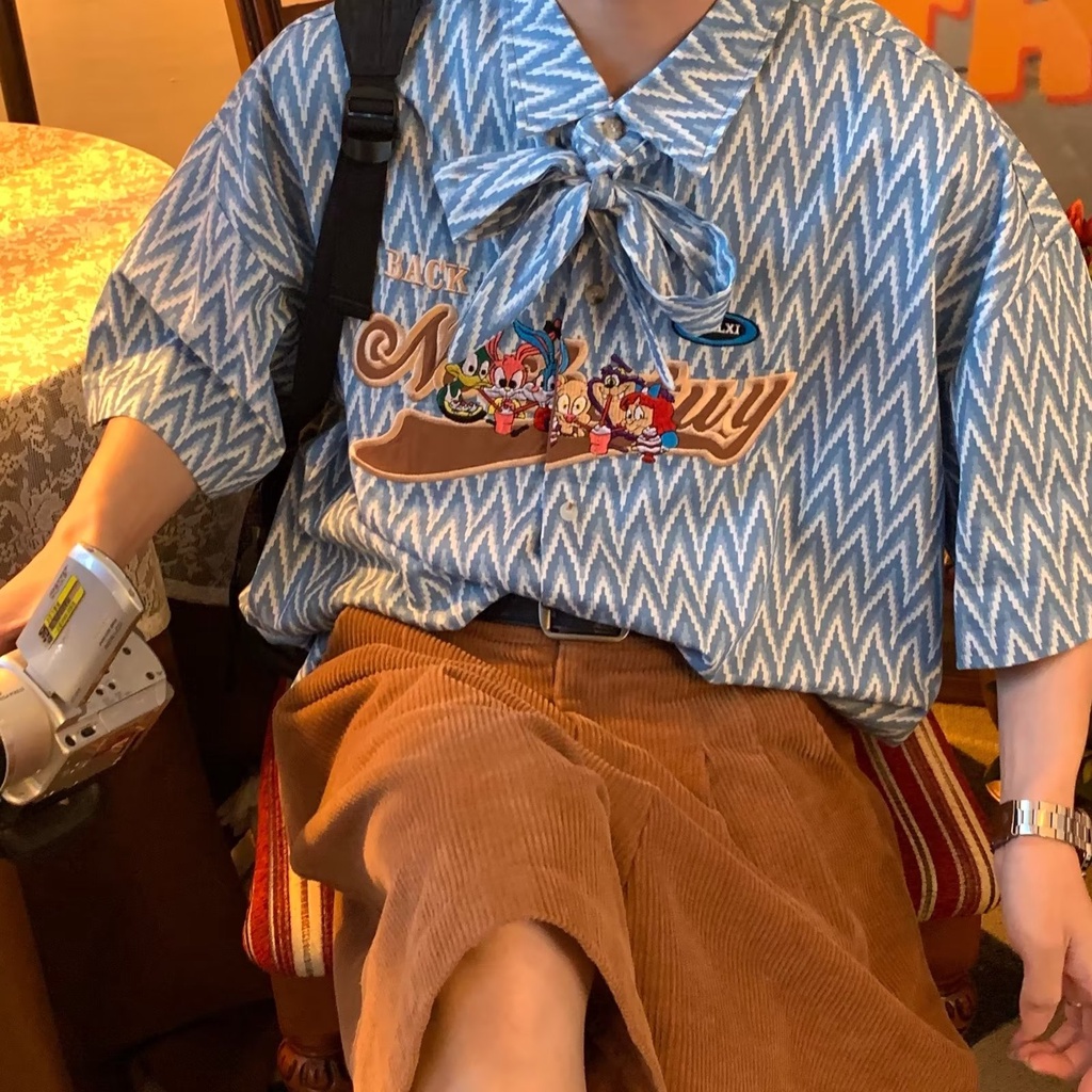 Áo Sơ Mi Tay Ngắn Kẻ Sọc Thêu Họa Tiết Phong Cách Retro Mỹ Thời Trang Mùa Hè Cho Nam Và Nữ